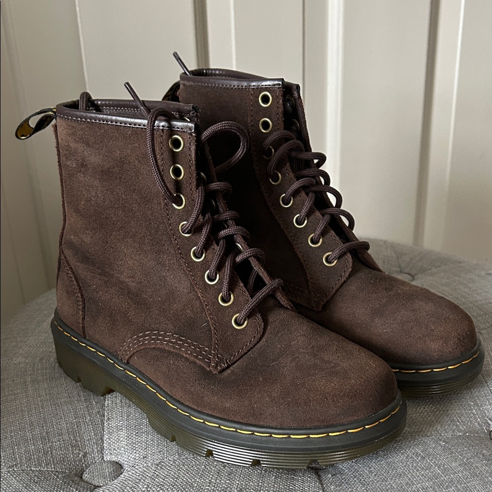 Dr. Martens Brown Suede Lace-Up Platform Boots with Yellow Stitching
